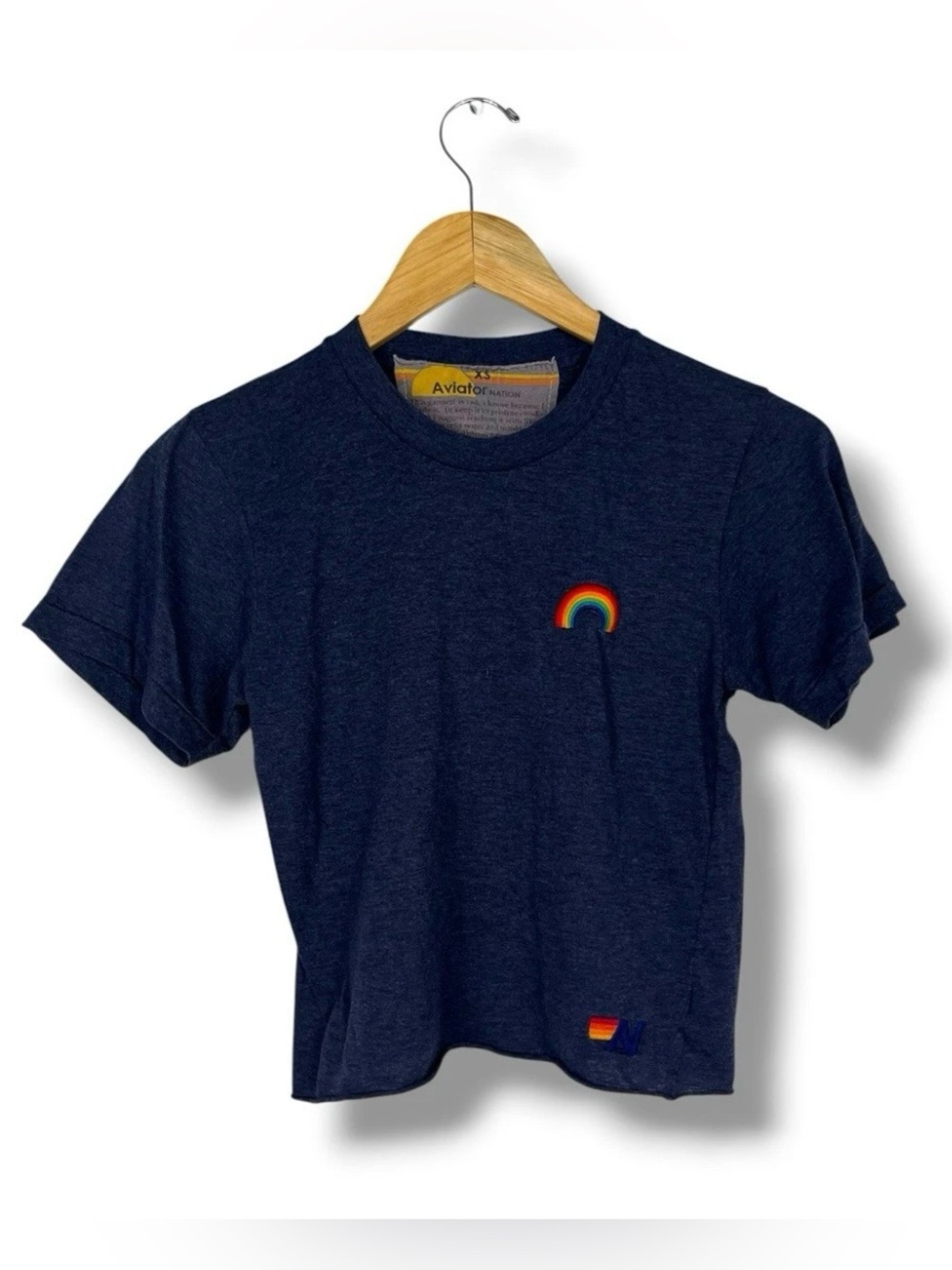 Aviator Nation Boyfriend Cropped Rainbow Tee XS Blue Raw Hem USA Made Embroidery